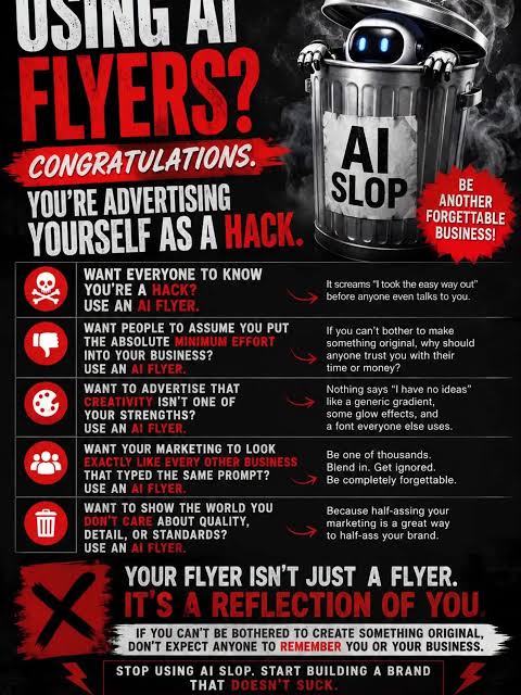 Meme flyer mocking businesses that use AI flyers